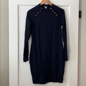 Ribbed navy long sleeve dress with buttons.